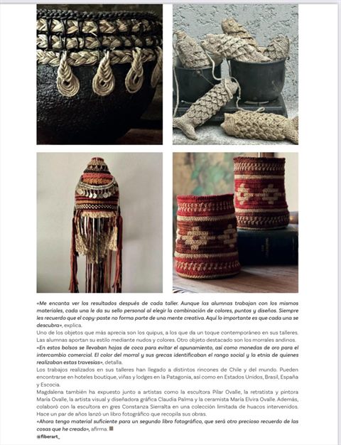Segunda página del reportaje, con cuatro fotografías de cestos, tocados y objetos tejidos.